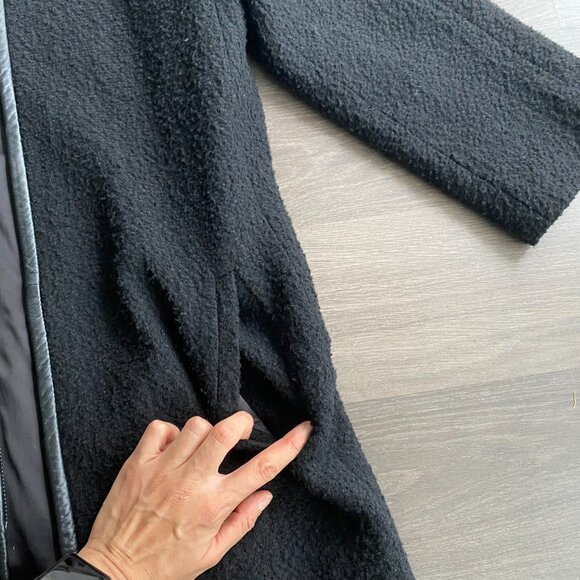 Club Monaco Black Italian Wool Bracelet-Sleeve Coat with Lamb Leather Trim - Picture 8 of 13